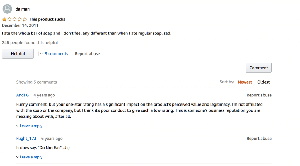 screenshot of sarcastic Amazon review of Shower Shock Caffeinated Soap talking about eating soap