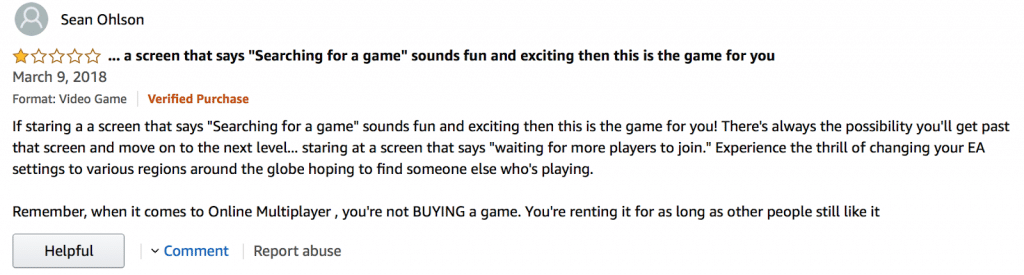 negative customer review of Amazon product for Starwars Battlefront game
