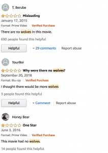 sarcastic reviews on Amazon complaining about how there are no wolves in movie The Wolf on Wall Street