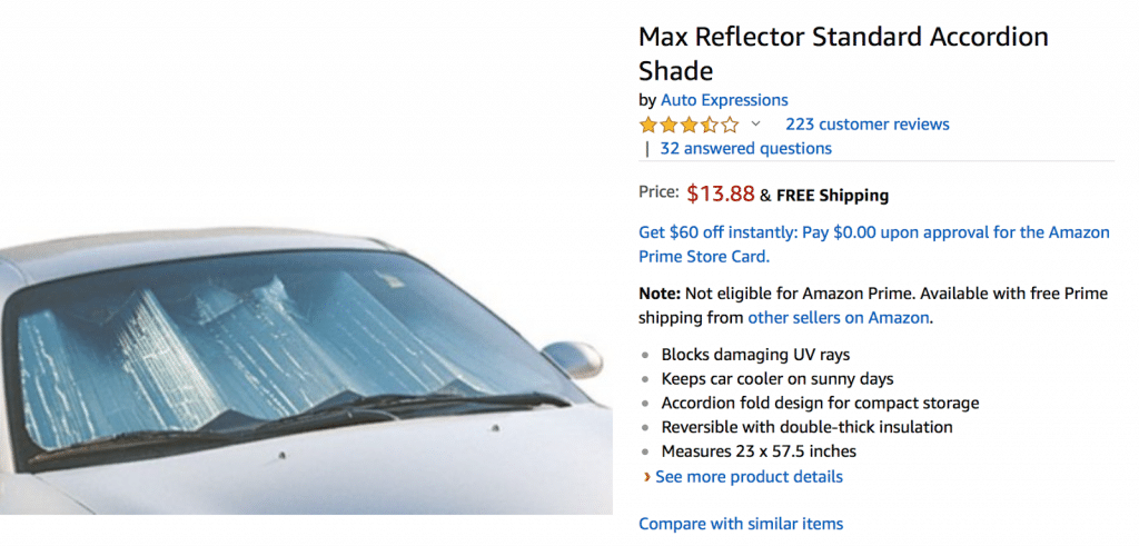 Screenshot of Amazon product automobile windshield reflector shade