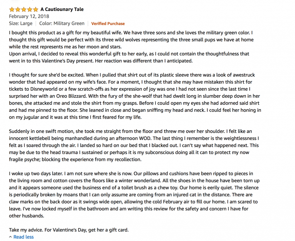 Amazon review of a cautionary tale of giving a t-shirt of wolves to his wife