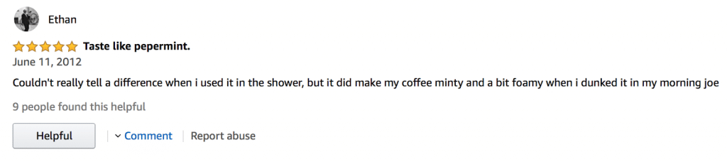 screenshot of sarcastic Amazon review of Shower Shock Caffeinated Soap talking about adding soap to coffee
