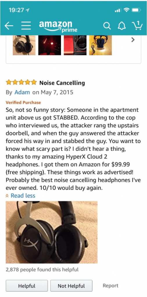 Screenshot of Amazon review for noise cancelling headphones