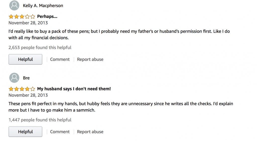 sarcastic review of BIC for her pens