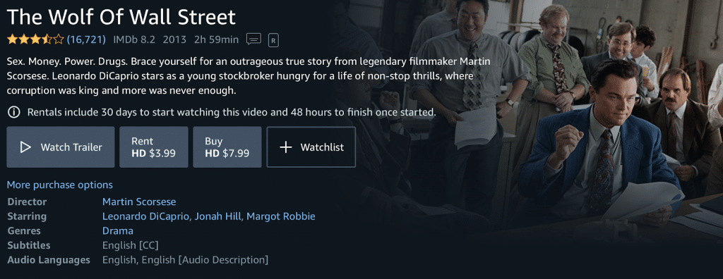 Screenshot of movie summary of The Wolf on Wall Street on Amazon Prime 