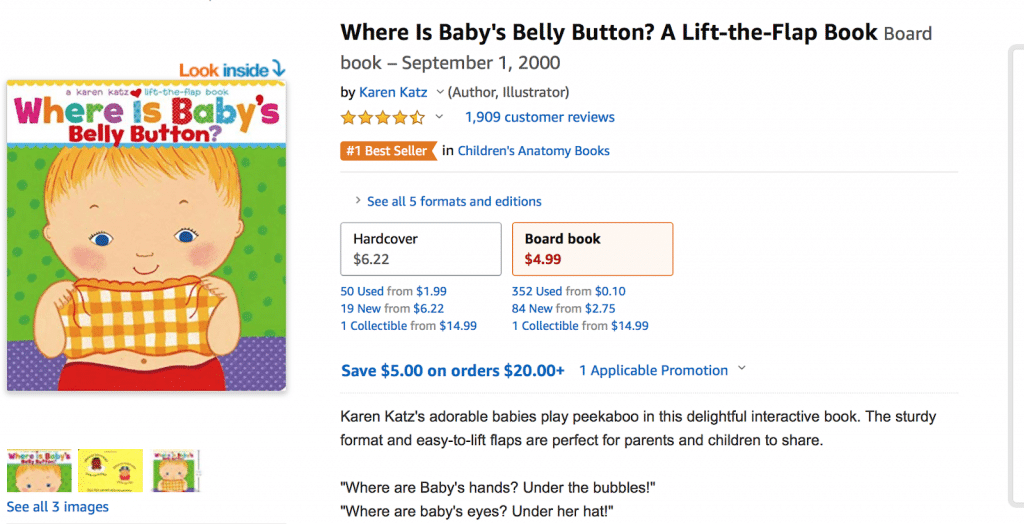 Screenshot of Amazon page for the product: Where is Baby's Belly Button book
