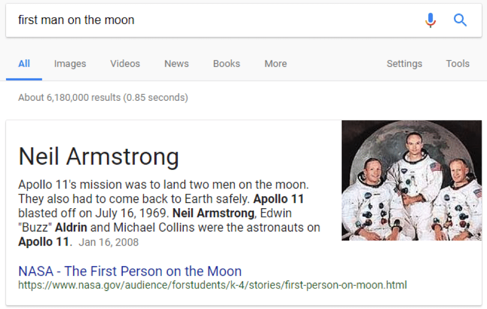 First Man on the Moon Featured Snippet
