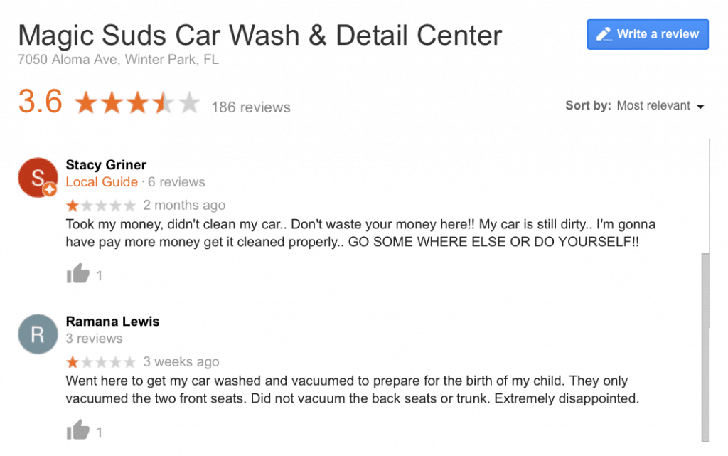 Screenshot of GMB listing reviews for Magic Suds Car Wash