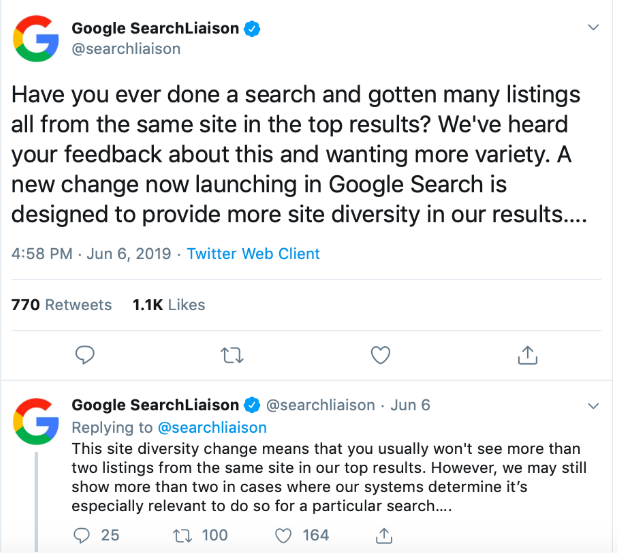 google search liason tweet on the update