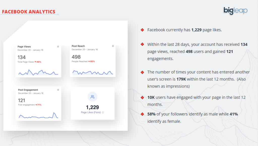 Facebook analytics iinclude page views, post reach, post engagement, and page likes