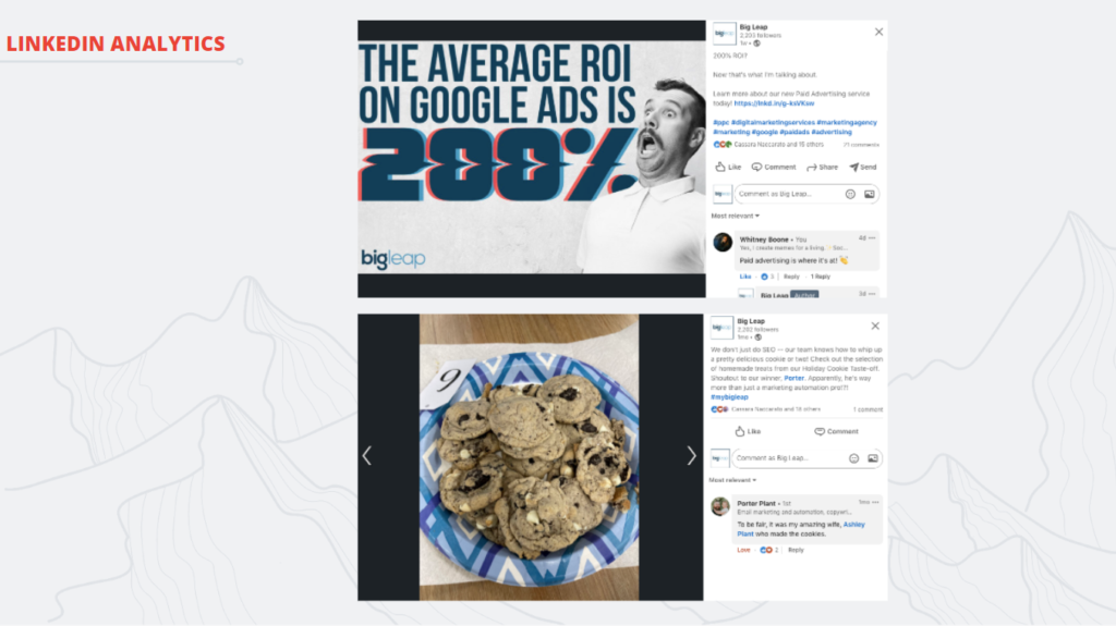 Two LinkedIn post examples from Big Leap's social media audit