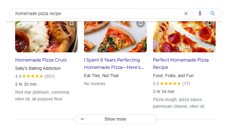 Recipe pizza gallery shows up thanks to utilizing recipe schema markup