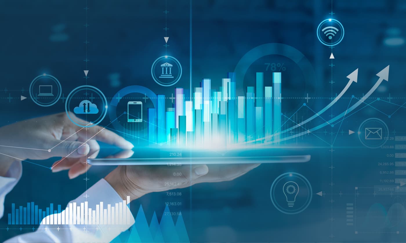 graphical concept showing person holding tablet and a line and bar graph trending upwards