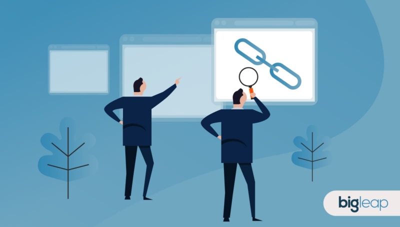 two animated men in suits looking for links