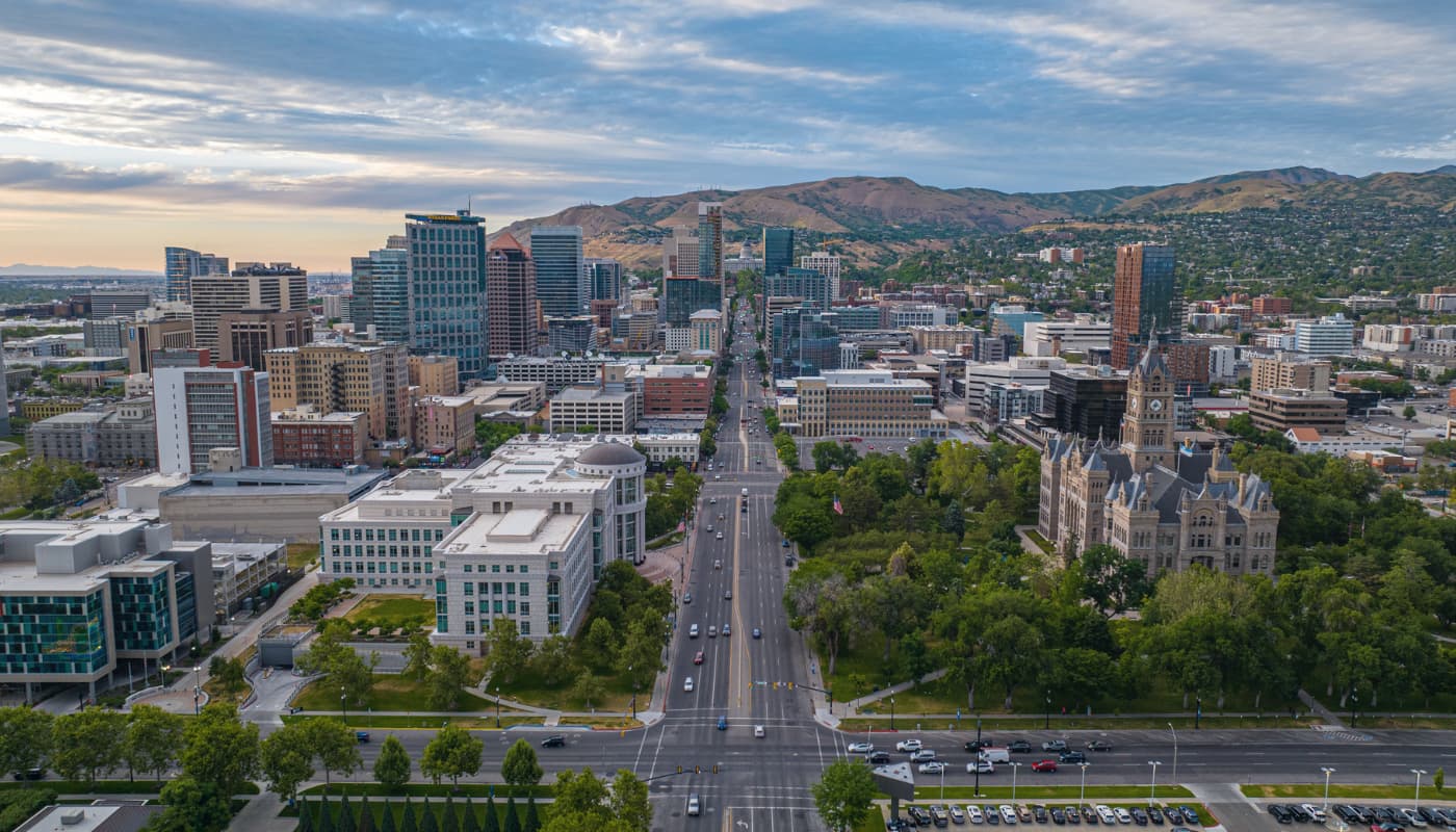 Aerial view of downtown Salt Lake City, Utah at sunset.